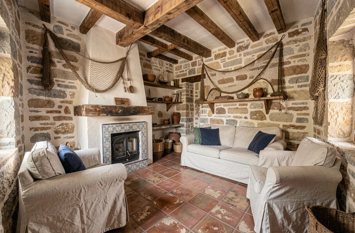 Intérieur authentique d'une maison de pêcheur méditerranéenne rénovée avec murs en pierre et poutres en bois