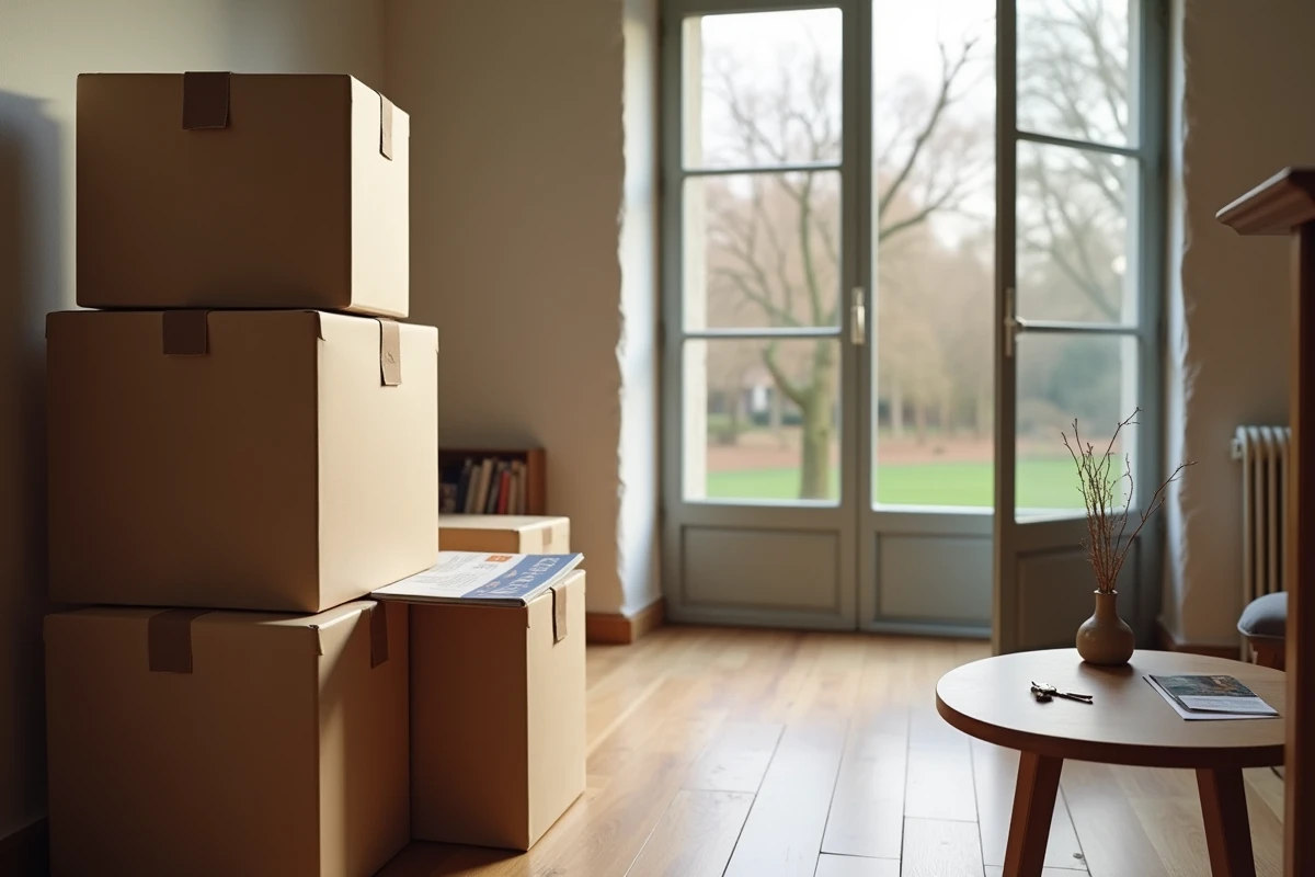 Intérieur d'une maison en cours de vente avec cartons de déménagement et clés sur table, signe d'une vente urgente pour divorce dans l'Oise