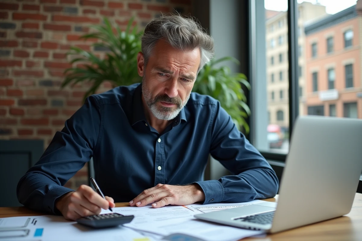 Investisseur immobilier débutant analysant des documents de contrat avec une expression préoccupée sur son bureau