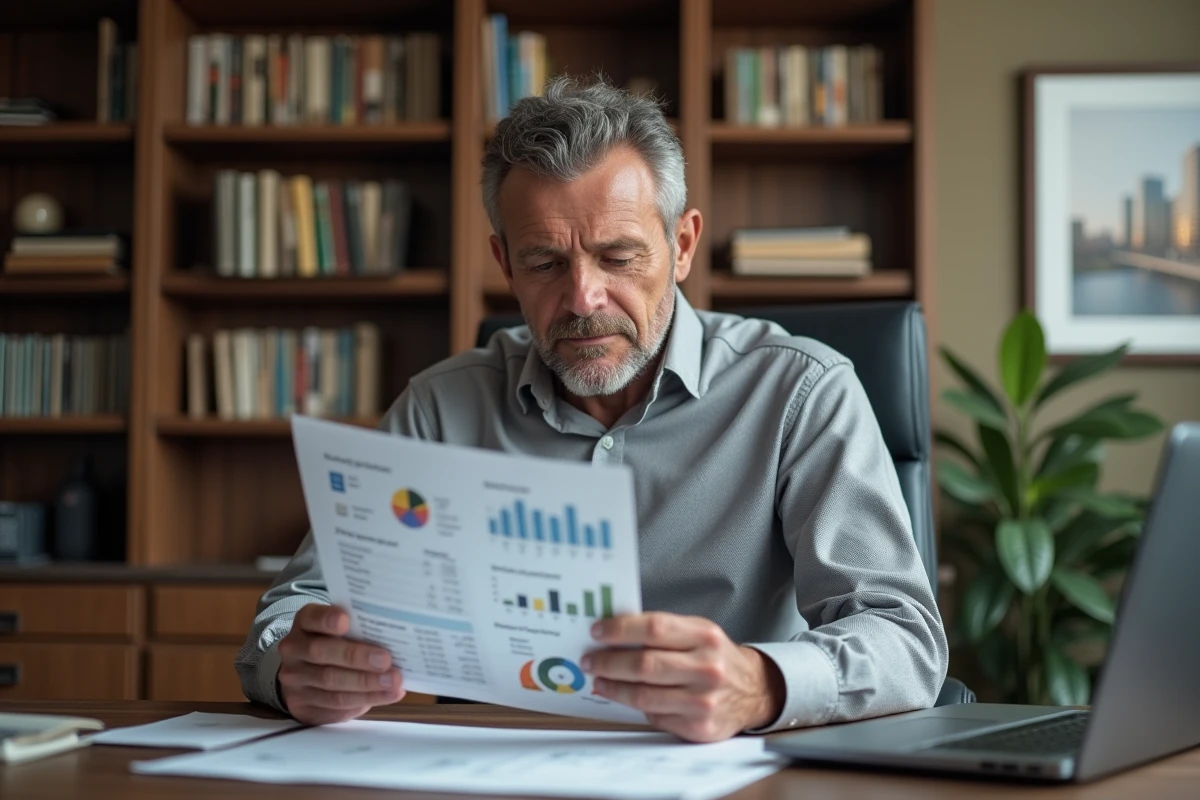 Investisseur responsable examinant un rapport de performance ESG immobilière dans un bureau à domicile organisé