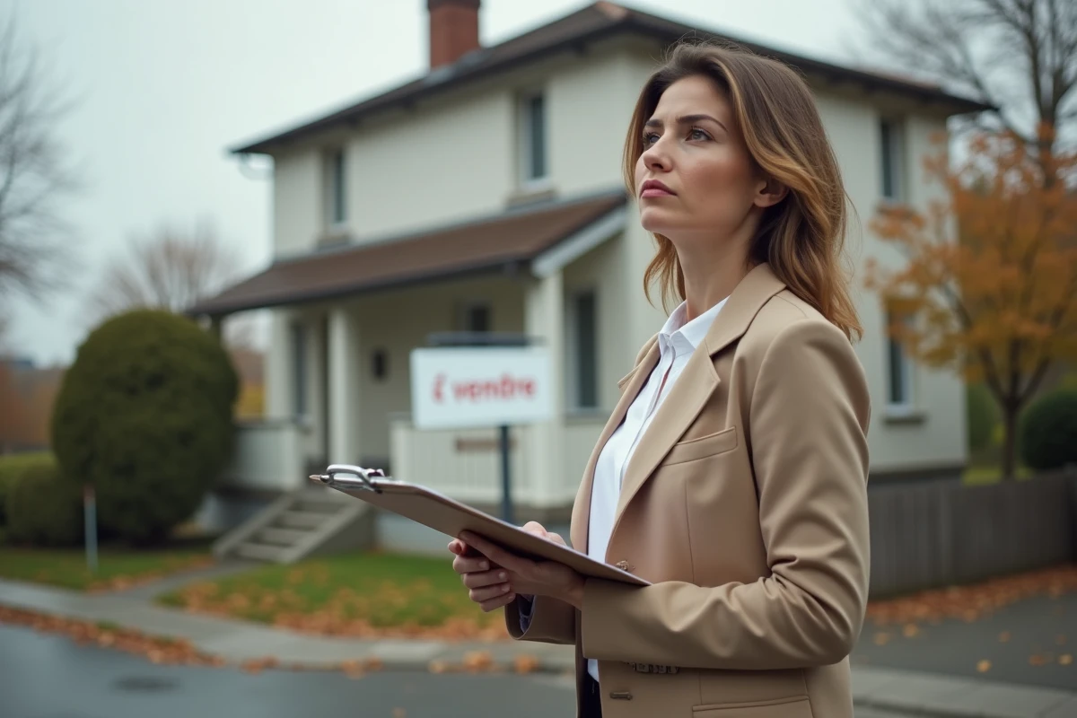 Femme investisseuse immobilière évaluant un bien à vendre avec un regard critique devant une maison en banlieue