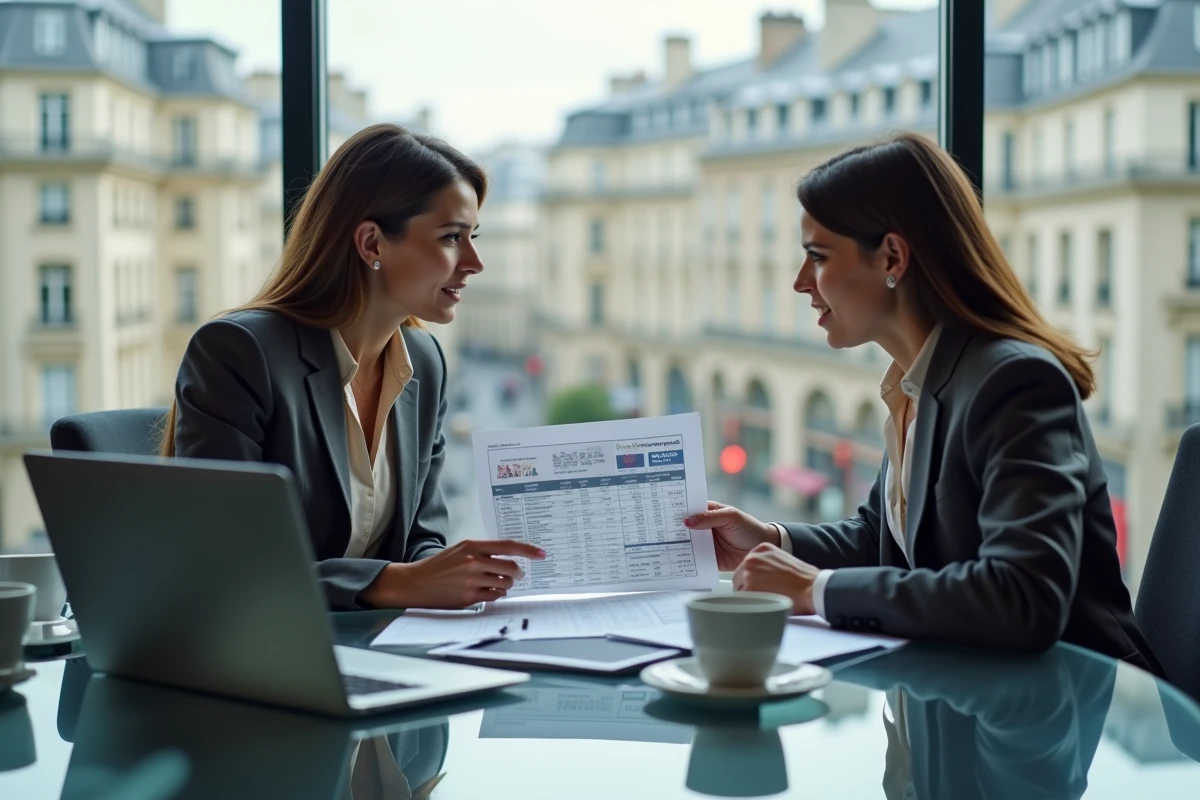 Investisseuse immobilière et conseiller analysant les frais d'acquisition et montages fiscaux pour marchands de biens