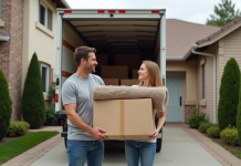 Jeune couple souriant chargeant des cartons devant un camion de déménagement