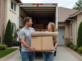 Jeune couple souriant chargeant des cartons devant un camion de déménagement