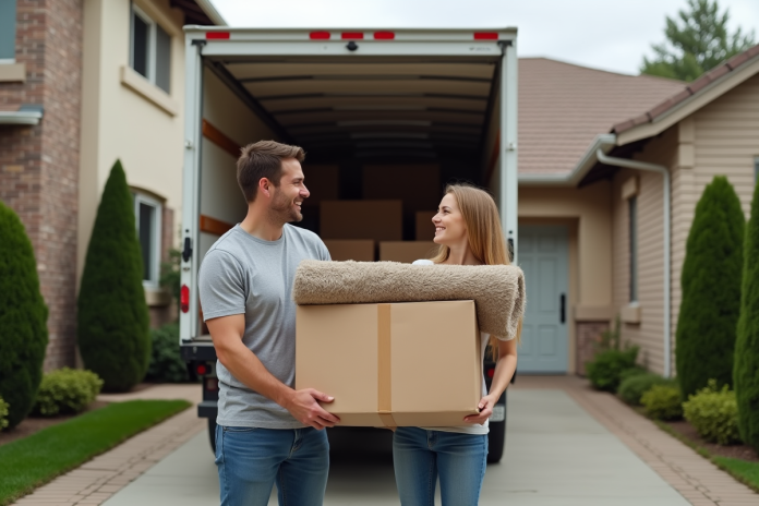 jeune-couple-demenagement Jeune couple souriant chargeant des cartons devant un camion de déménagement