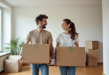 Jeune couple souriant avec cartons dans appartement moderne