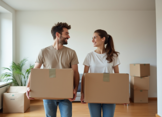 Optimiser un déménagement : conseils et astuces pour réussir sa transition Jeune couple souriant avec cartons dans appartement moderne