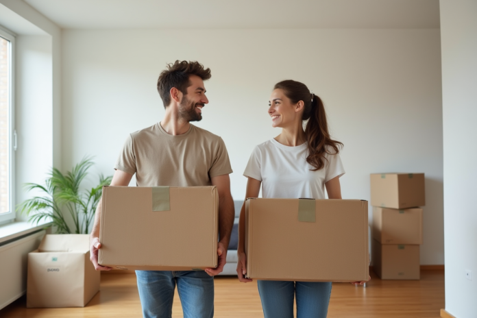 Jeune couple souriant avec cartons dans appartement moderne