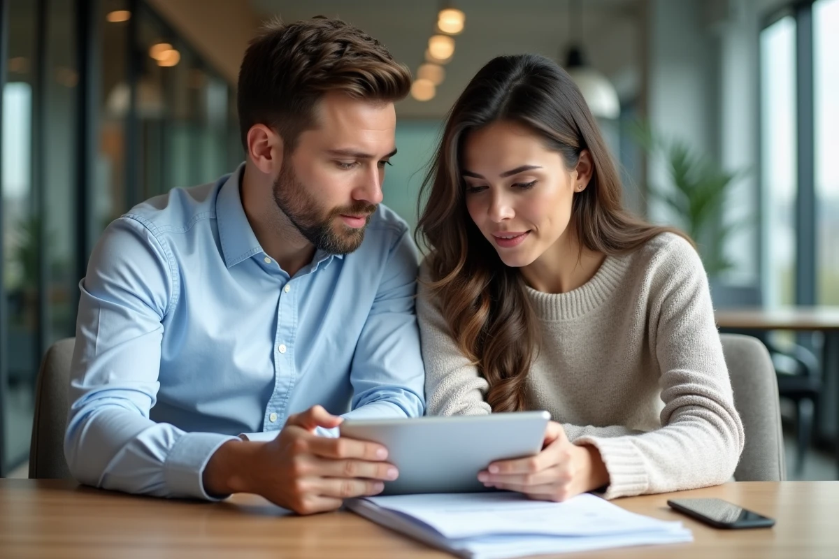 Jeune couple regardant des documents financiers ensemble