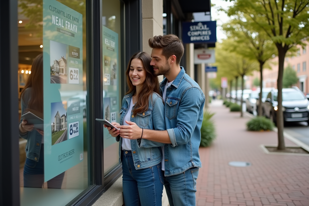 Jeune couple regardant des annonces immobilières en ville