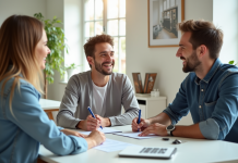 Jeune couple signant un bail avec agent immobilier dans un bureau lumineux