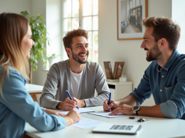 Jeune couple signant un bail avec agent immobilier dans un bureau lumineux