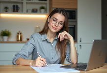 Jeune femme en cuisine examine un contrat de travail