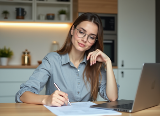 Jeune femme en cuisine examine un contrat de travail
