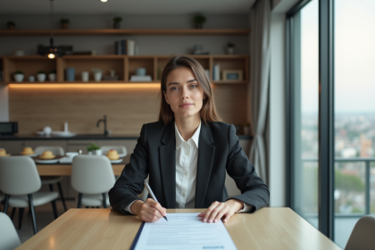 Jeune femme en blazer examine un contrat de location dans son appartement