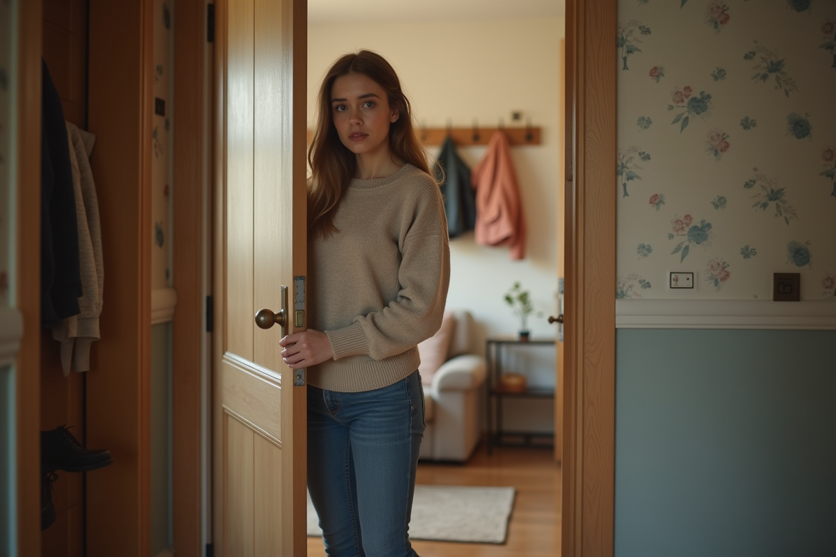 Jeune femme locataire dans son entrée d
