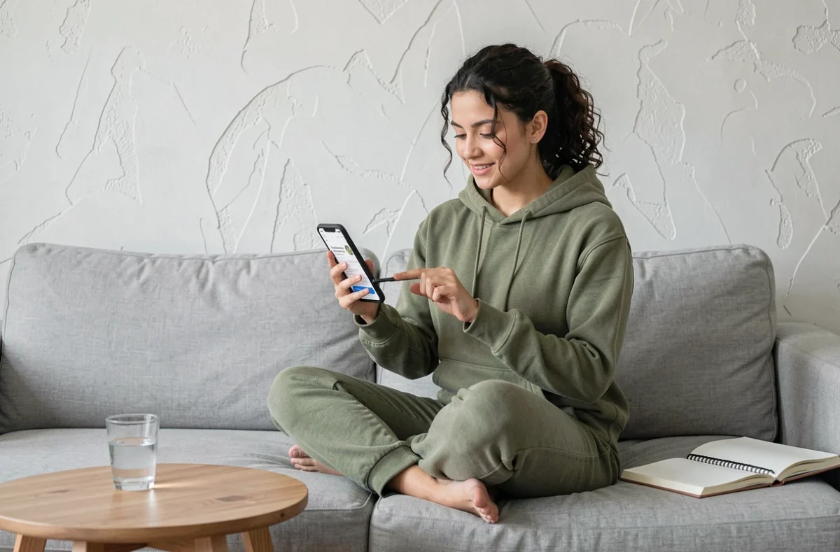 Une jeune femme assise en tailleur sur un canapé consulte l'espace client MyCitya sur son smartphone avec un carnet de notes ouvert à côté d'elle