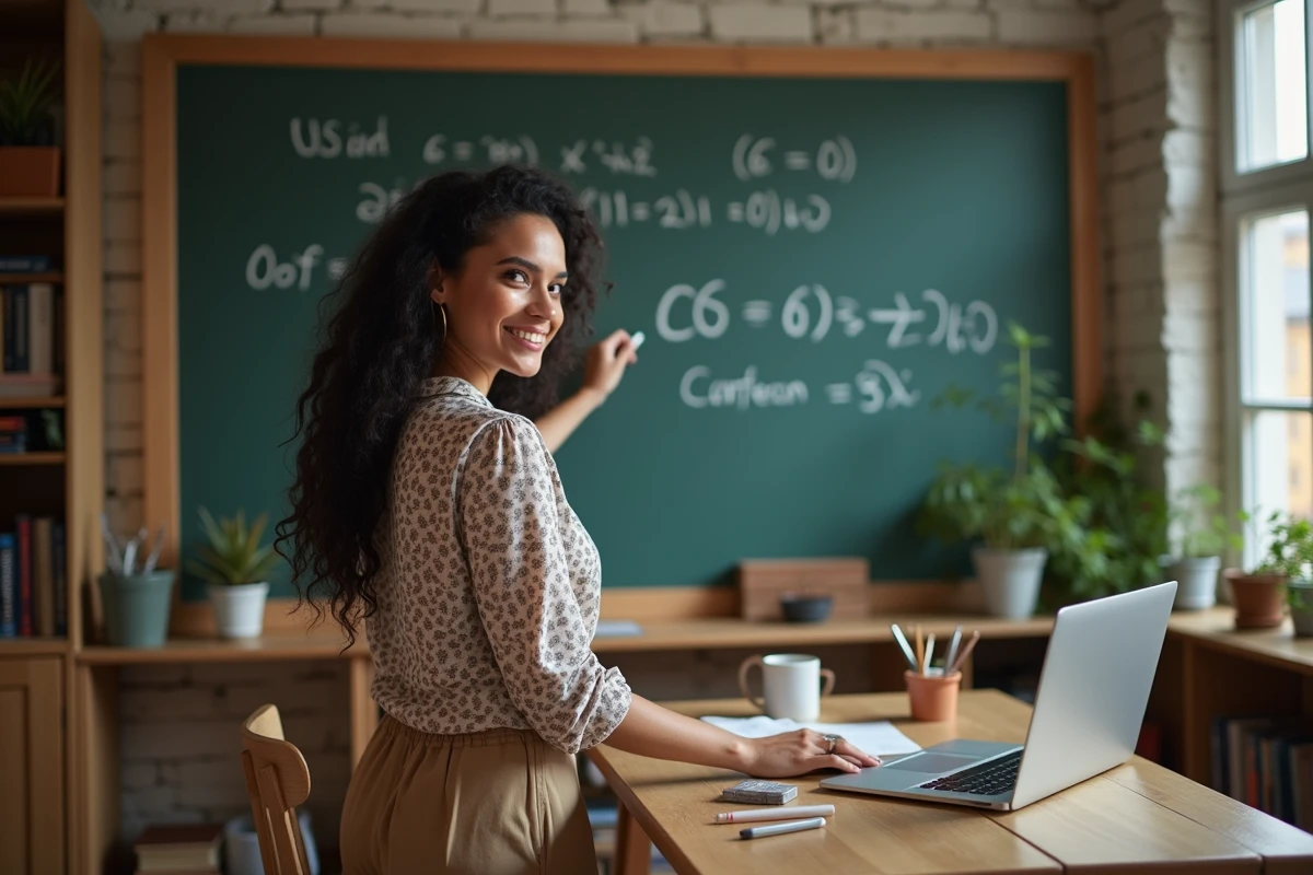 Jeune femme écrivant une formule sur un tableau dans un bureau cosy