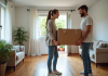Prix d’un déménagement en moyenne : tarifs et conseils pratiques Jeune couple en train de soulever une box dans un salon organisé
