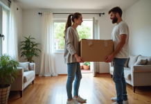 Prix d’un déménagement en moyenne : tarifs et conseils pratiques Jeune couple en train de soulever une box dans un salon organisé