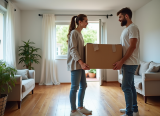 Prix d’un déménagement en moyenne : tarifs et conseils pratiques Jeune couple en train de soulever une box dans un salon organisé