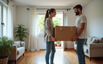 Jeune couple en train de soulever une box dans un salon organisé