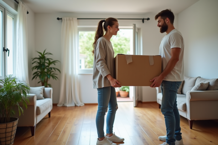 jeune-femme-homme-demenagement Jeune couple en train de soulever une box dans un salon organisé