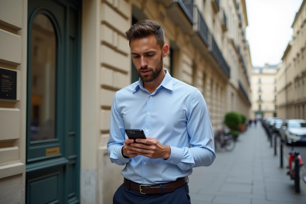 Jeune homme vérifiant les prix immobiliers devant un immeuble lyonnais