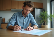 Obligations du locataire envers le bailleur : ce qu’il faut savoir en France Jeune homme examine un contrat de location dans une cuisine moderne