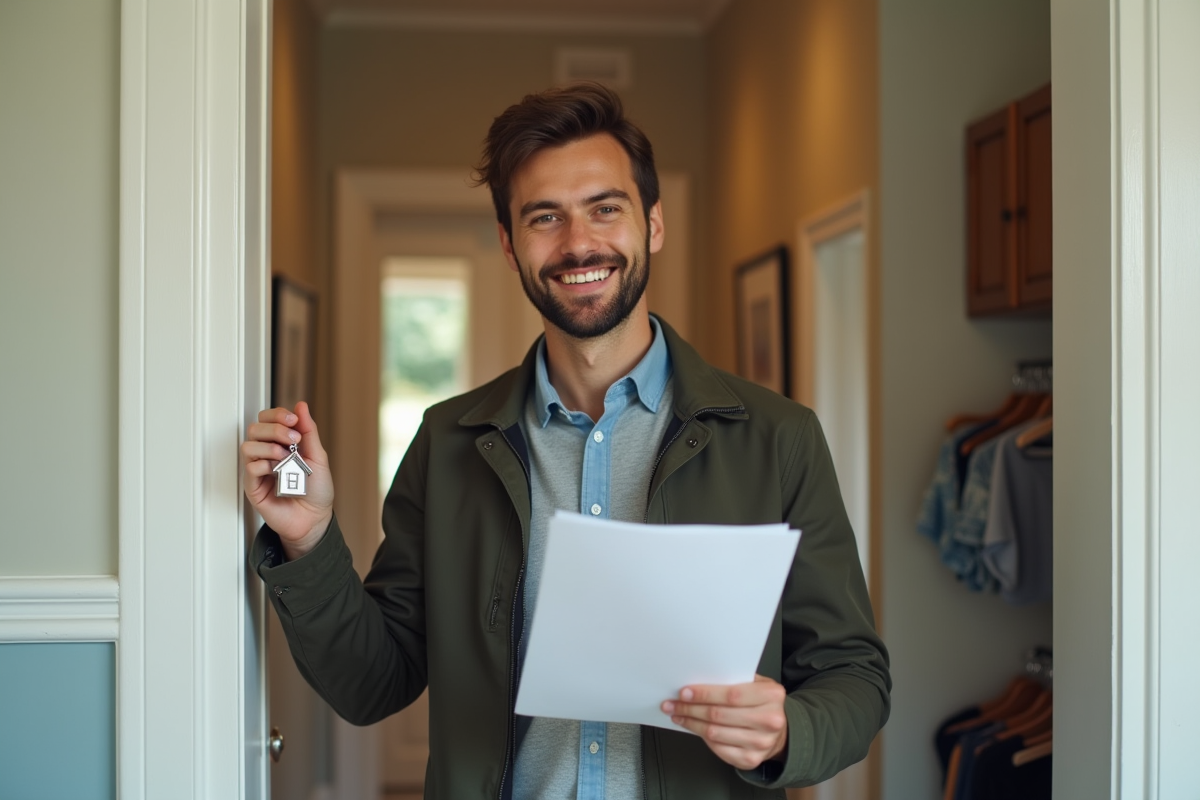 Jeune homme souriant avec contrat de location et clés dans l