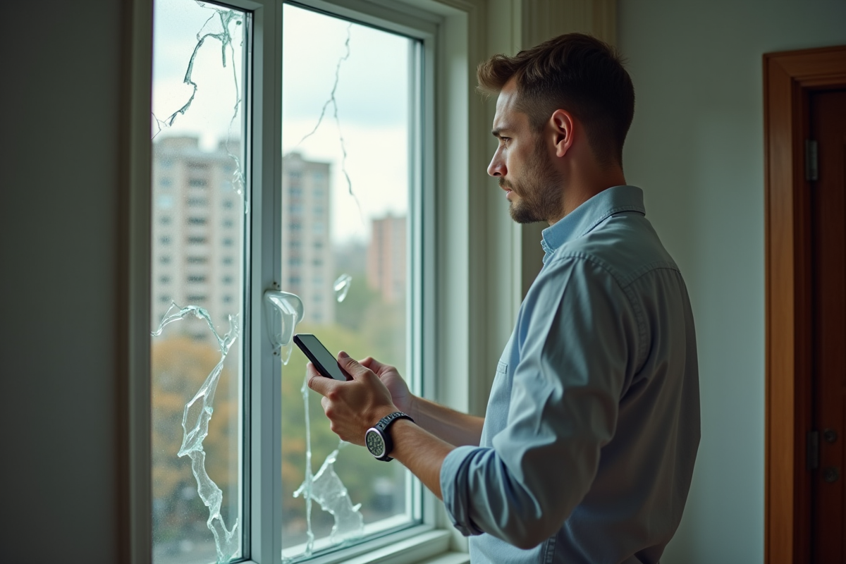 Jeune homme appelant suite a une fenetre cassée