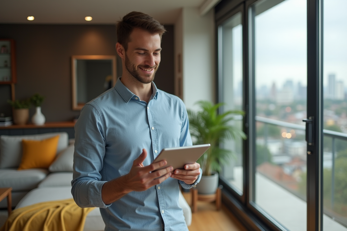 Jeune homme en tenue décontractée vérifiant un graphique financier dans un salon