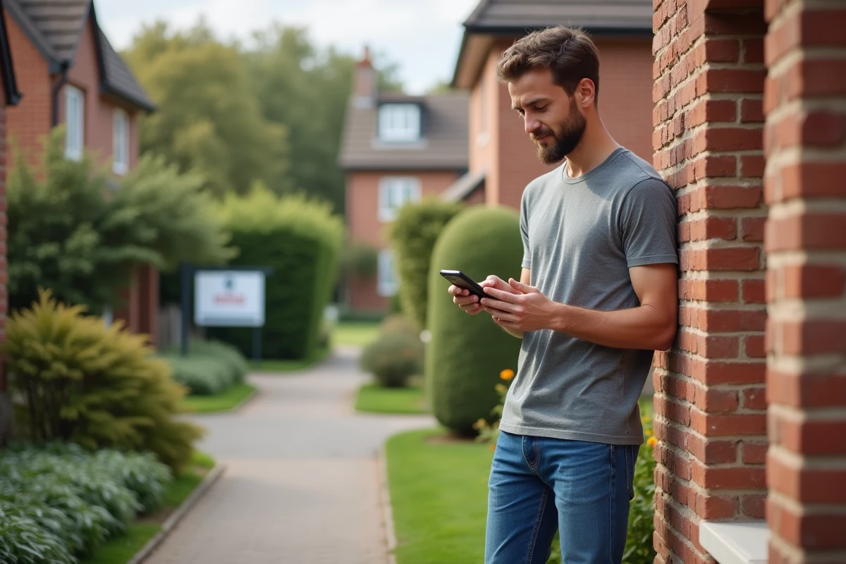 Jeune homme regardant une maison en banlieue avec smartphone