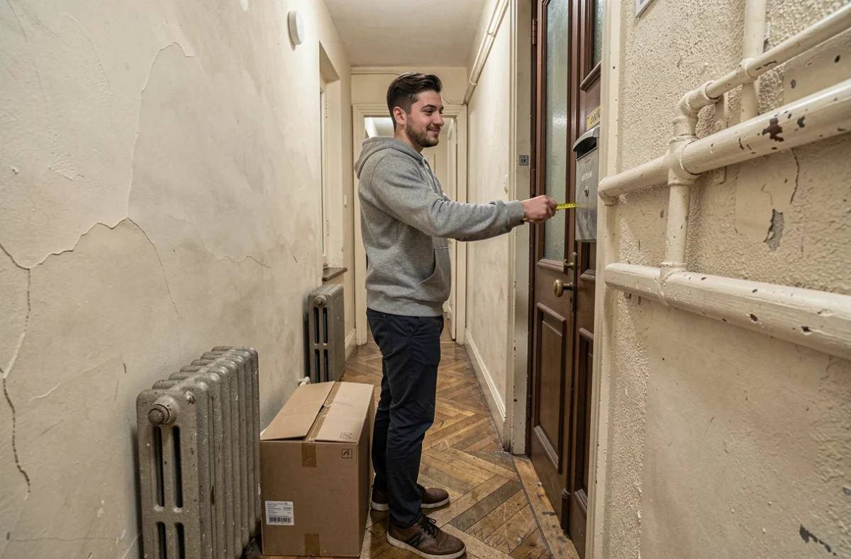 Jeune homme mesurant l'entrée d'un studio BIS dans un immeuble parisien ancien