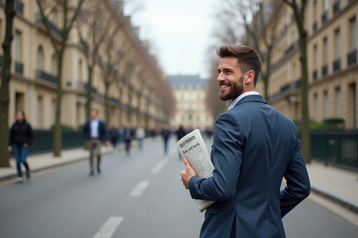 Jeune homme parisien en blazer marche dans une rue élégante