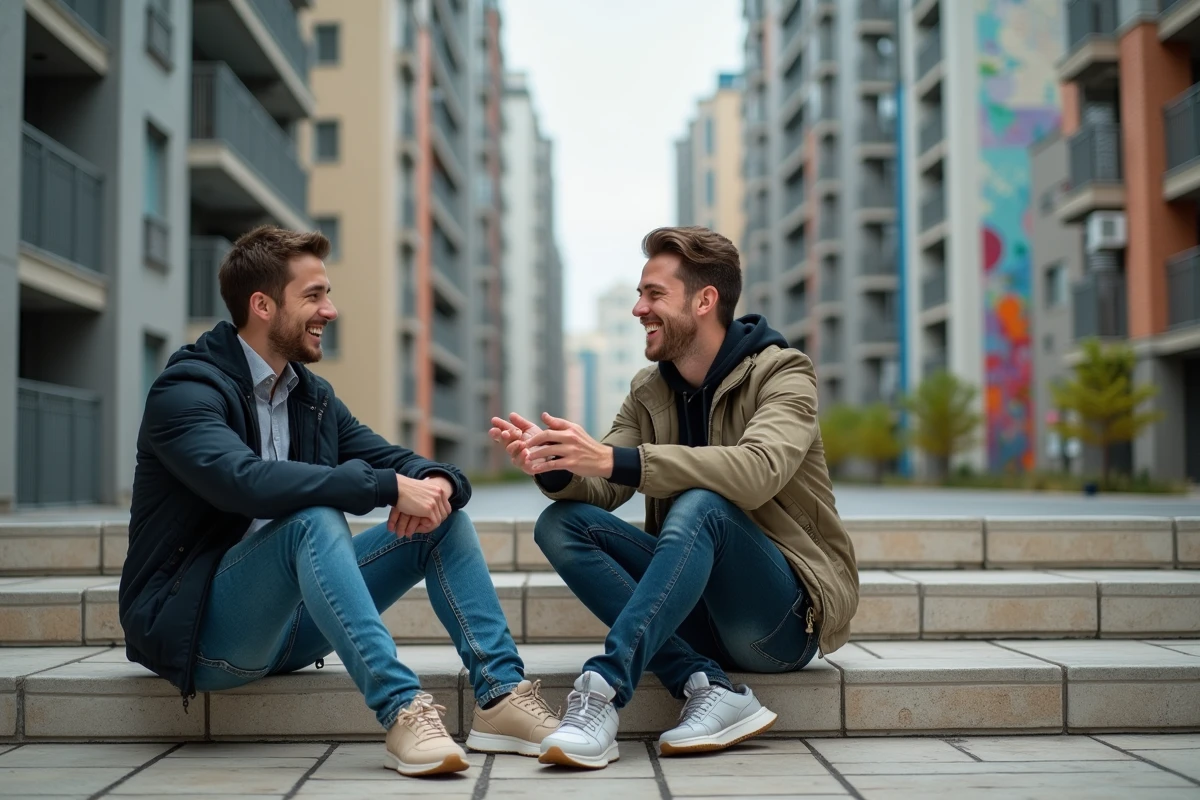 Deux jeunes hommes discutant sur les marches de la cité Picasso