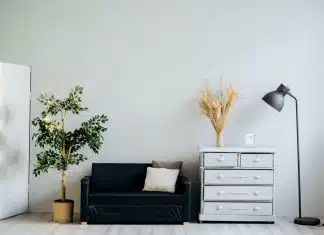 dresser beside sofa