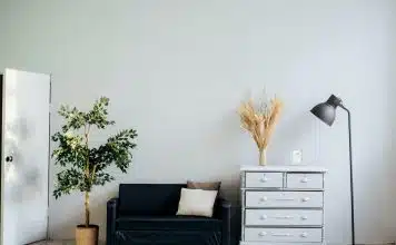 dresser beside sofa
