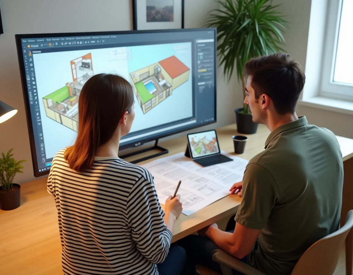 Couple utilisant Kozikaza Kazaplan pour calculer les surfaces de leur logement sur un plan 2D et 3D interactif