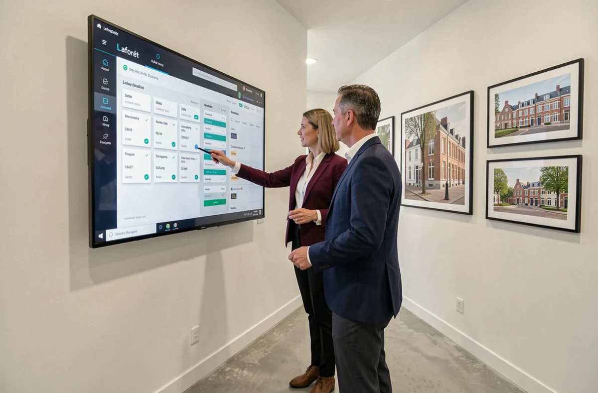 Conseillère de Laforêt Nantes présentant un tableau de bord de gestion locative à un propriétaire dans l'agence