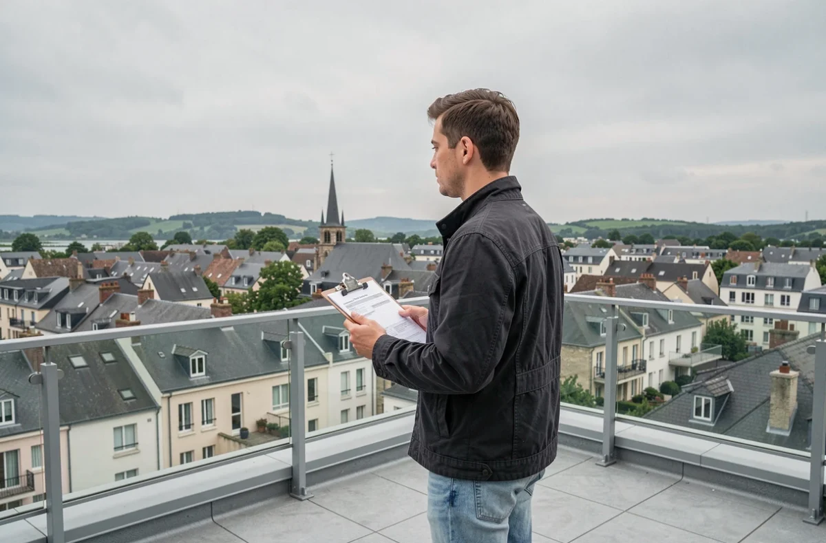 Agent de Les Toits réalisant une inspection sur la terrasse d'un immeuble locatif avec vue sur les toits de Nantes