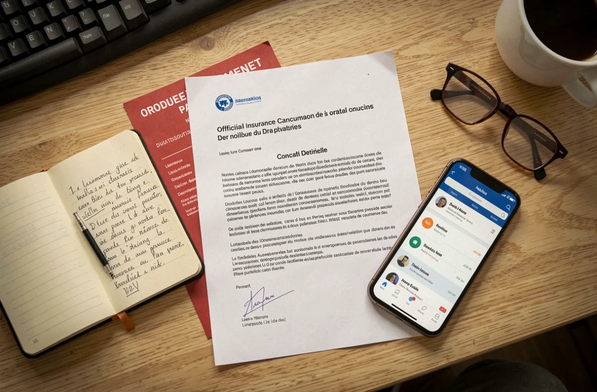 Vue aérienne d'une lettre de résiliation d'assurance habitation pour impayé posée sur un bureau avec des documents financiers et un smartphone