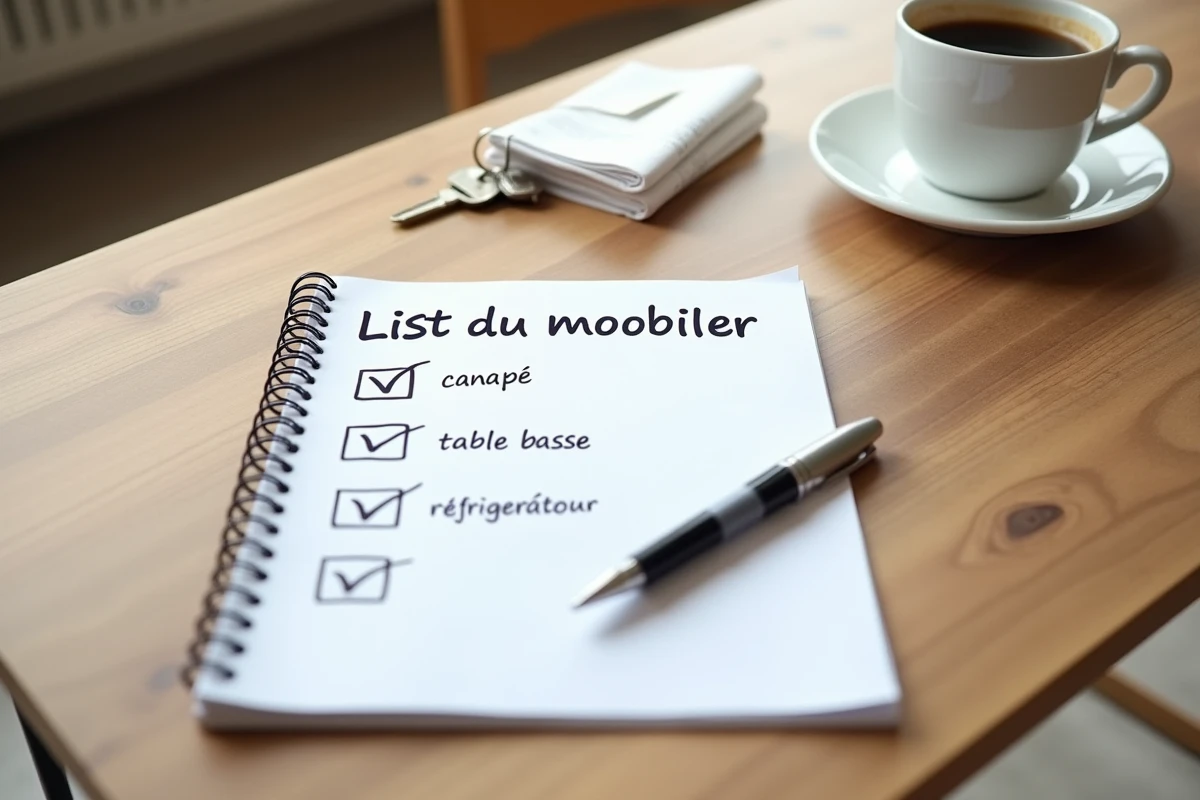 Vue aérienne d'une liste de mobilier imprimée pour location meublée avec un stylo et des clés sur une table en bois