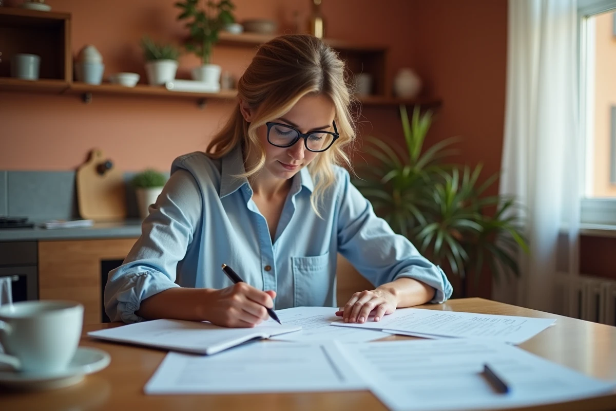 Femme locataire examinant des documents liés à la garantie locative à son domicile en Belgique