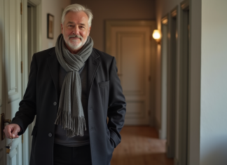 Homme propriétaire avec clés devant porte d'appartement