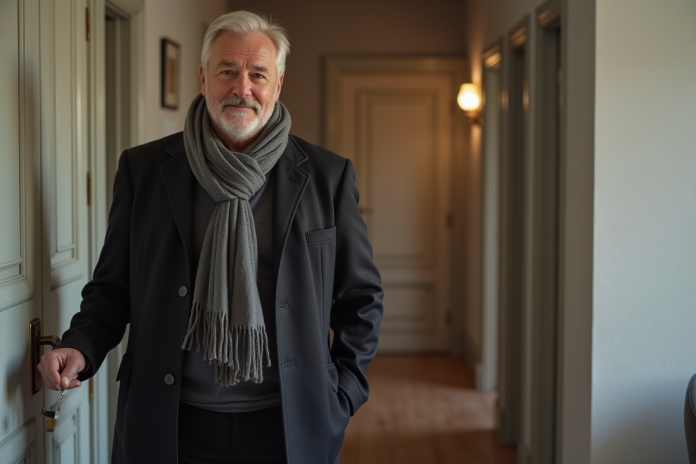 locataire-porte-cles Homme propriétaire avec clés devant porte d'appartement