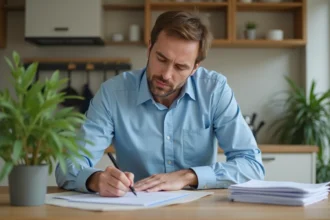 Homme moyenâgeux remplit un formulaire de location dans une cuisine moderne