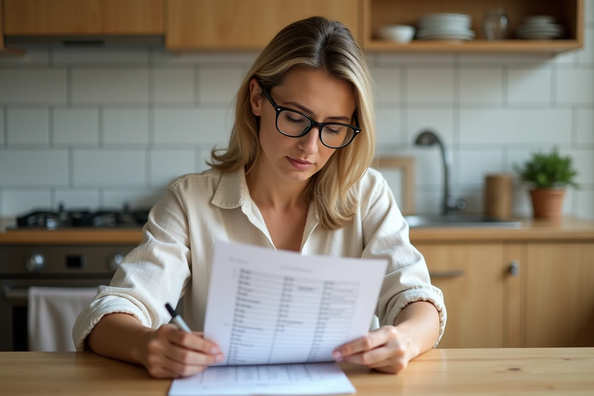 Locataire vérifiant la liste de mobilier d'un logement meublé à la table de cuisine
