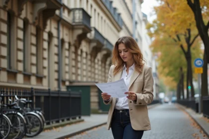 Femme consultant une annonce de location d'appartement devant un immeuble Altbau berlinois dans le quartier de Prenzlauer Berg