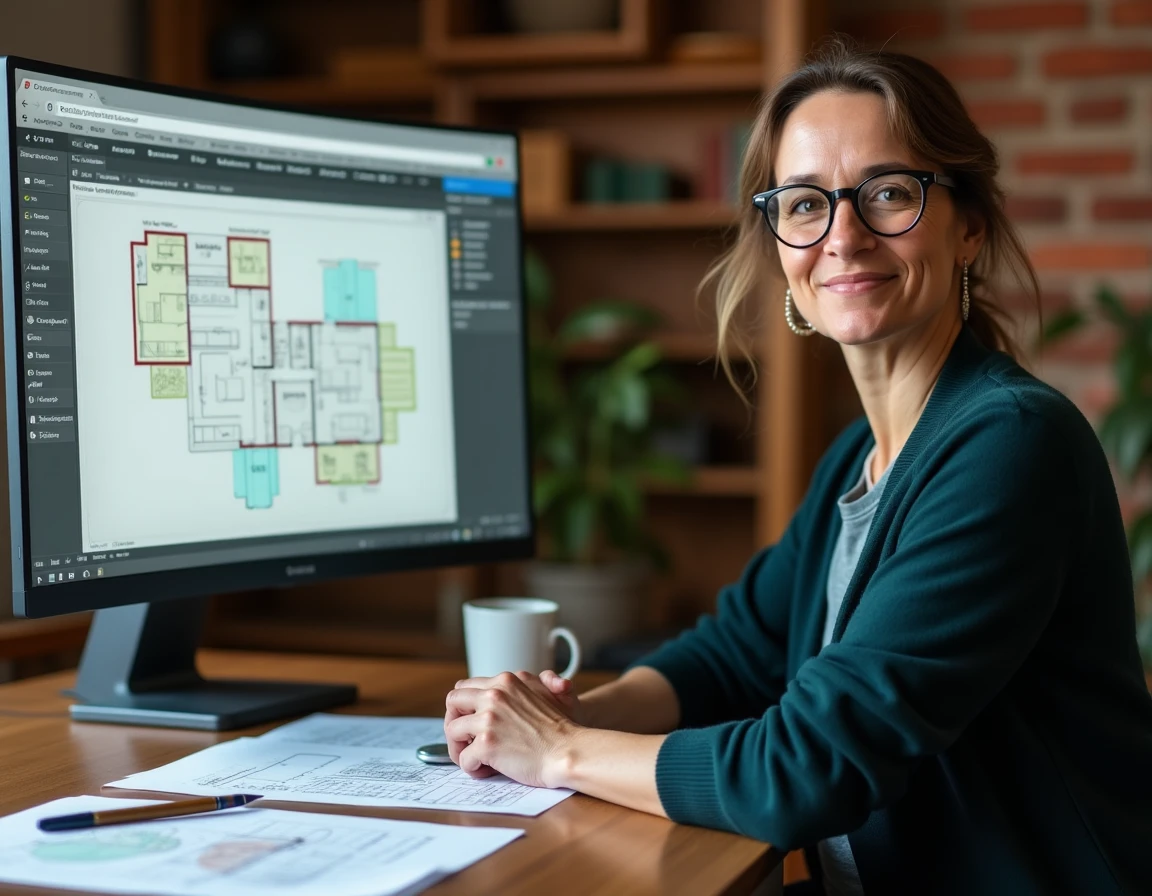 Femme gérant des formes complexes de pièces sur l'interface web m2-calculator avec des zones géométriques superposées à l'écran